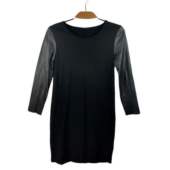 Cos Black Dress w/Perforated Genuine Leather Sleeves Size S - Picture 2 of 6